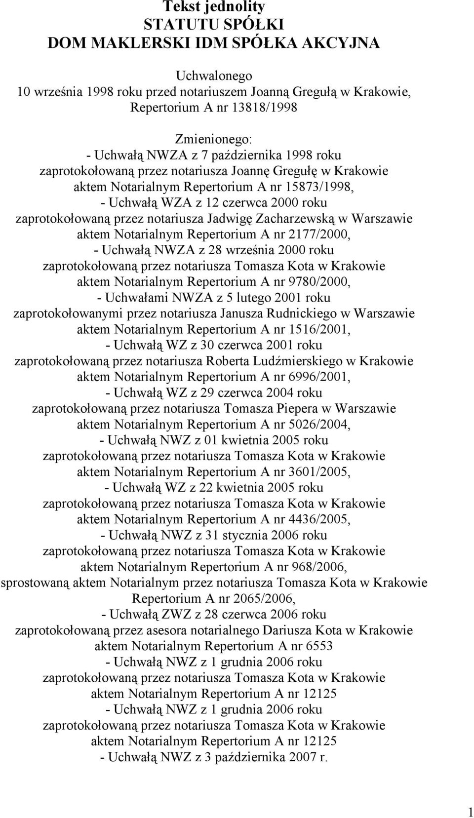 notariusza Jadwigę Zacharzewską w Warszawie aktem Notarialnym Repertorium A nr 2177/2000, - Uchwałą NWZA z 28 września 2000 roku aktem Notarialnym Repertorium A nr 9780/2000, - Uchwałami NWZA z 5