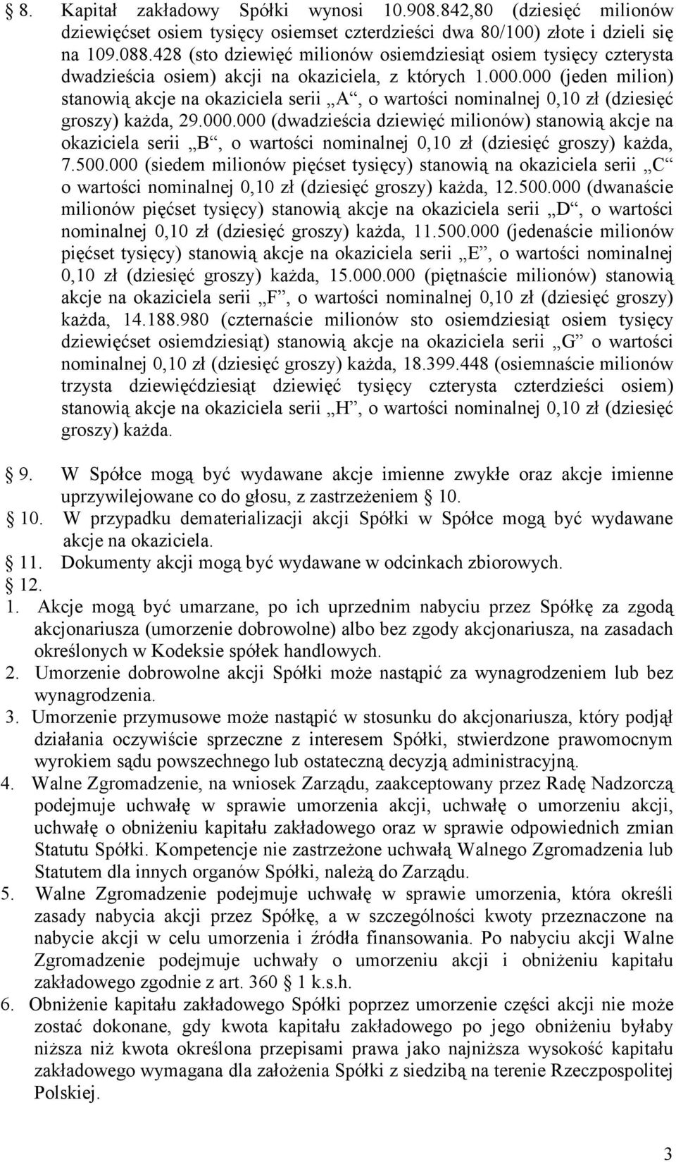 000 (jeden milion) stanowią akcje na okaziciela serii A, o wartości nominalnej 0,10 zł (dziesięć groszy) każda, 29.000.000 (dwadzieścia dziewięć milionów) stanowią akcje na okaziciela serii B, o wartości nominalnej 0,10 zł (dziesięć groszy) każda, 7.