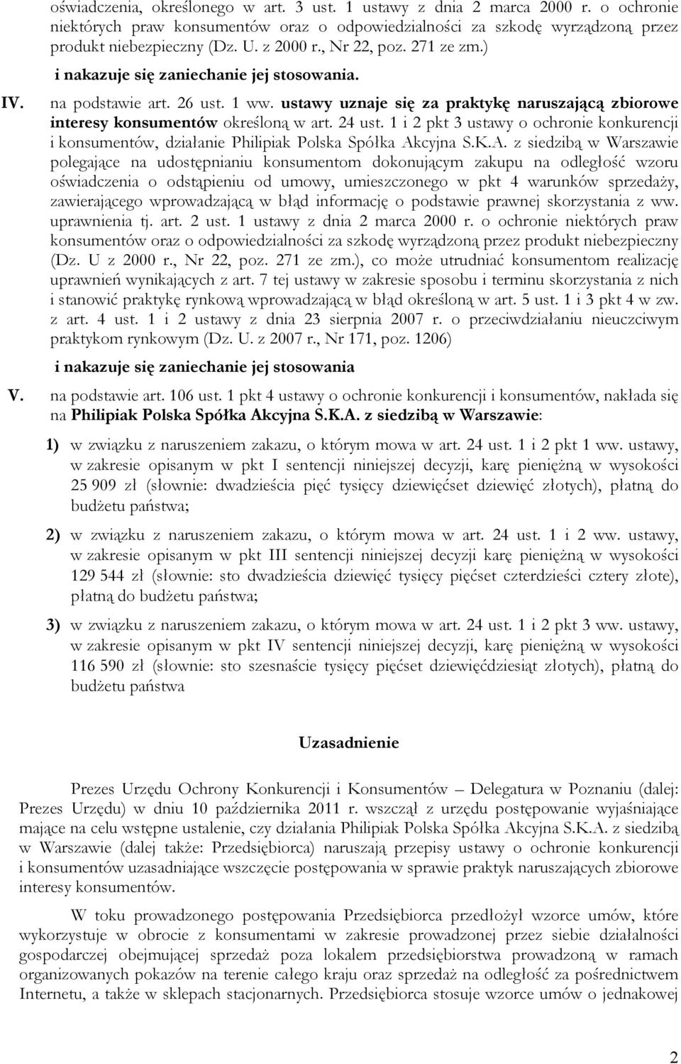 24 ust. 1 i 2 pkt 3 ustawy o ochronie konkurencji i konsumentów, działanie Philipiak Polska Spółka Ak