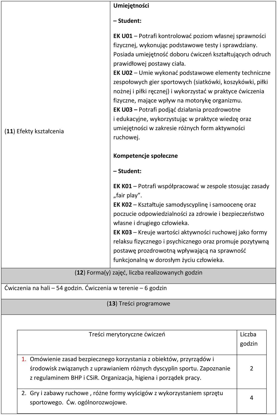 EK U02 Umie wykonać podstawowe elementy techniczne zespołowych gier sportowych (siatkówki, koszykówki, piłki nożnej i piłki ręcznej) i wykorzystać w praktyce ćwiczenia fizyczne, mające wpływ na