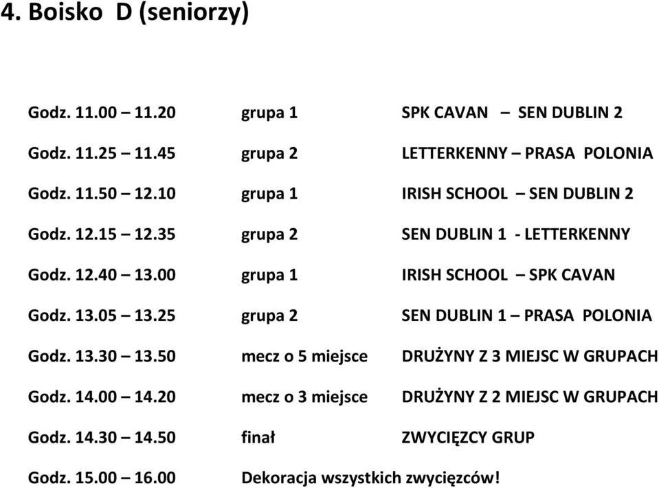 00 grupa 1 IRISH SCHOOL SPK CAVAN Godz. 13.05 13.25 grupa 2 SEN DUBLIN 1 PRASA POLONIA Godz. 13.30 13.