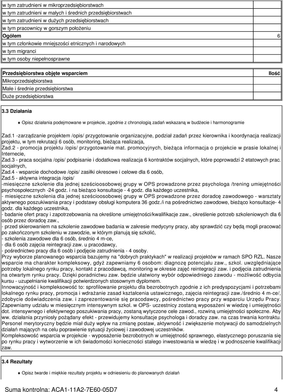 Ilość 3.3 Działania Opisz działania podejmowane w projekcie, zgodnie z chronologią zadań wskazaną w budżecie i harmonogramie Zad.