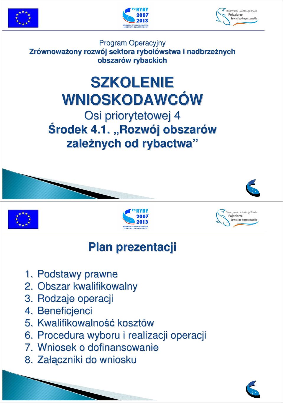 Rozwój j obszarów zaleŝnych od rybactwa Plan prezentacji 1. Podstawy prawne 2. Obszar kwalifikowalny 3.