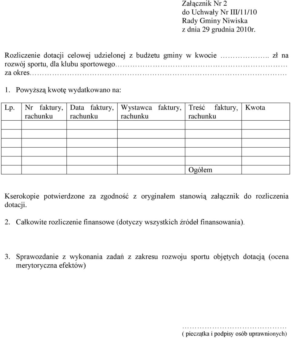 Nr faktury, Data faktury, Wystawca faktury, Treść faktury, Kwota Ogółem Kserokopie potwierdzone za zgodność z oryginałem stanowią załącznik do rozliczenia