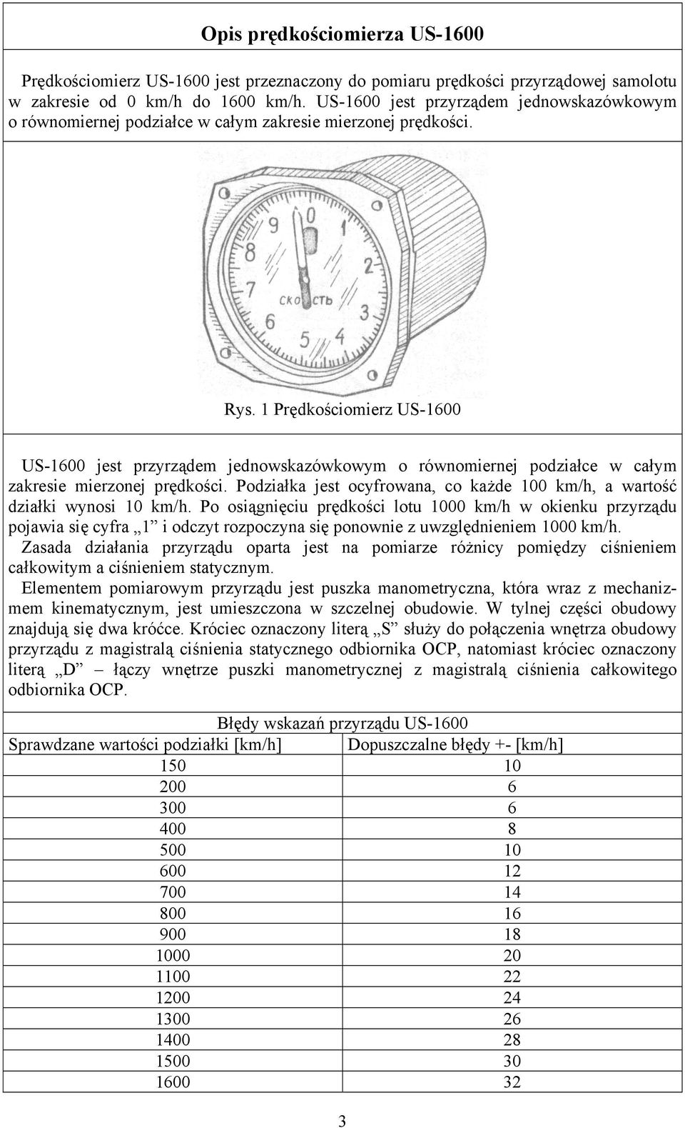 1 Prędkościomierz US-1600 US-1600 jest przyrządem jednowskazówkowym o równomiernej podziałce w całym zakresie mierzonej prędkości.
