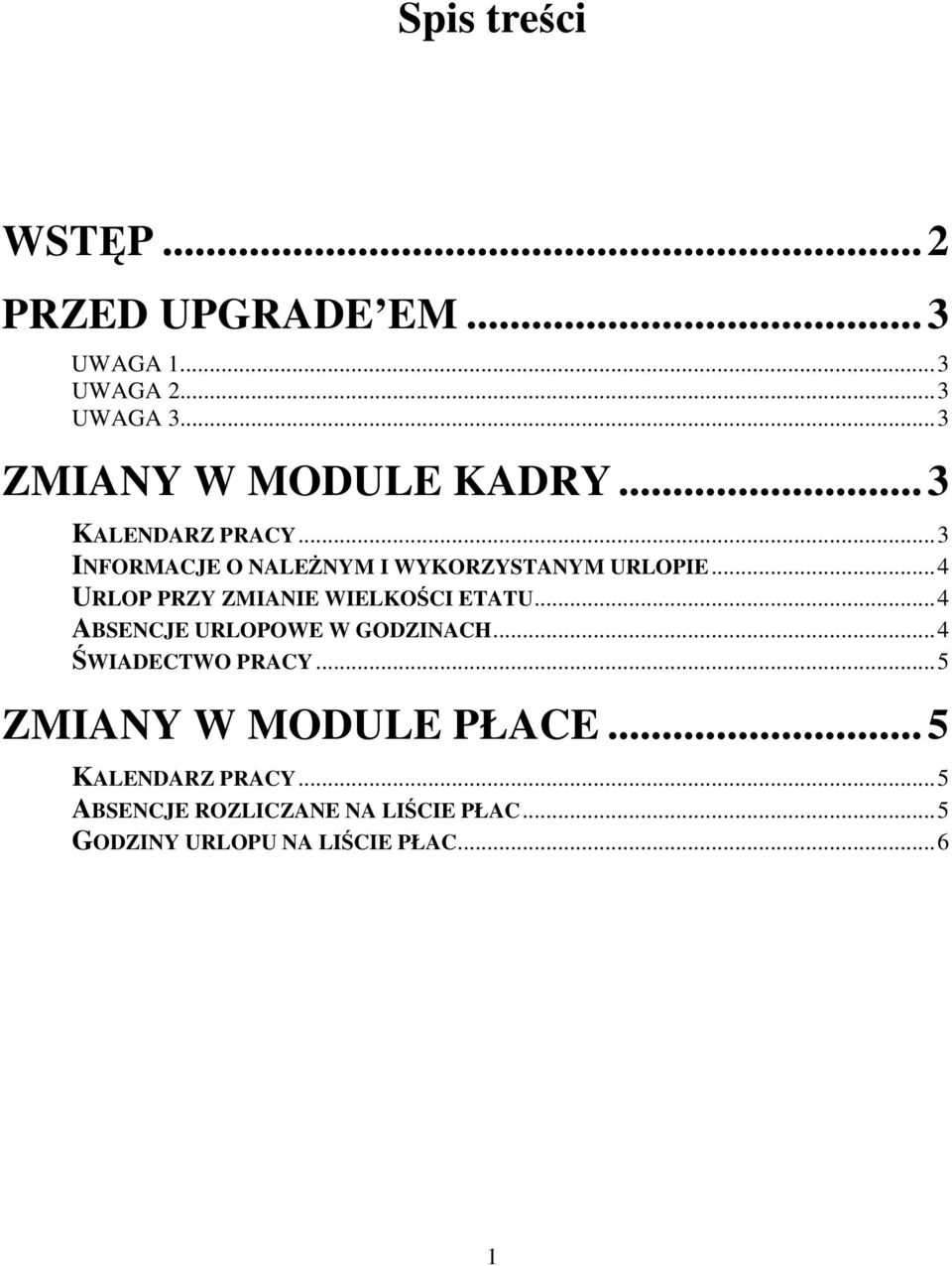 ..4 URLOP PRZY ZMIANIE WIELKOCI ETATU...4 ABSENCJE URLOPOWE W GODZINACH...4 WIADECTWO PRACY.