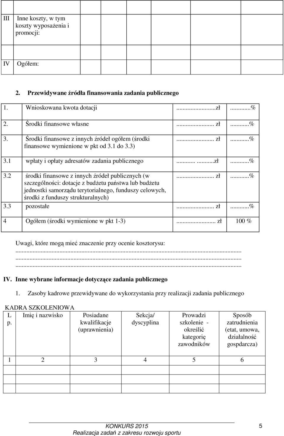 .. zł...% szczególności: dotacje z budŝetu państwa lub budŝetu jednostki samorządu terytorialnego, funduszy celowych, środki z funduszy strukturalnych) 3.3 pozostałe... zł...% 4 Ogółem (środki wymienione w pkt 1-3).