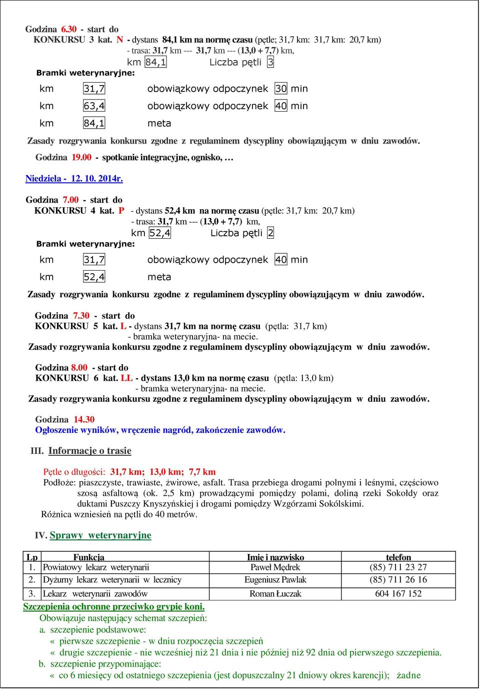 Godzina 19.00 - spotkanie integracyjne, ognisko, Niedziela - 12. 10. 2014r. Godzina 7.00 - start do KONKURSU 4 kat.