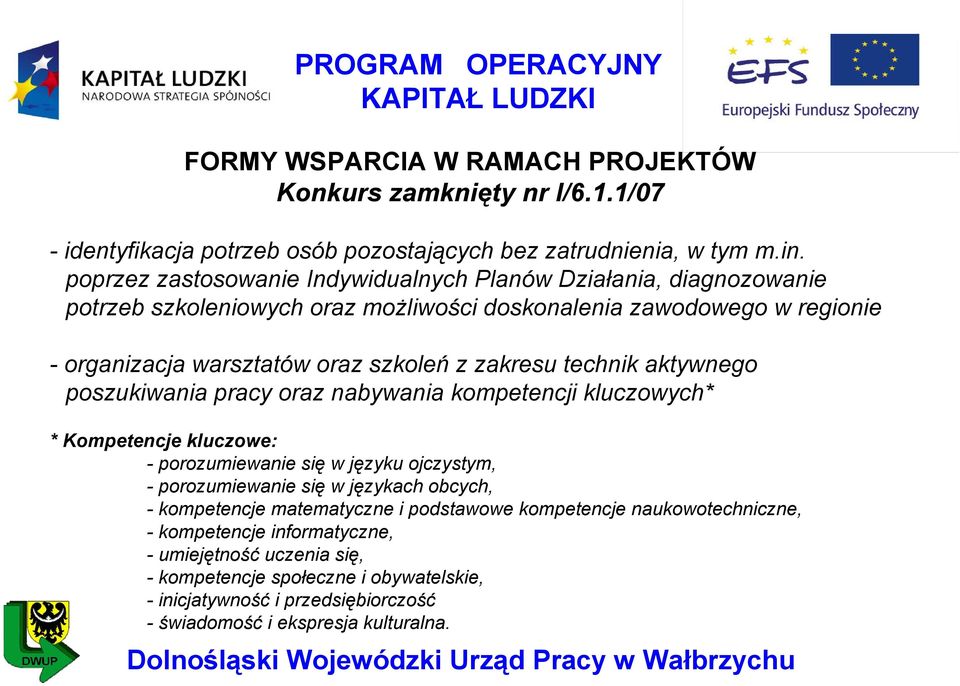 zakresu technik aktywnego poszukiwania pracy oraz nabywania kompetencji kluczowych* * Kompetencje kluczowe: - porozumiewanie się w języku ojczystym, - porozumiewanie się w językach