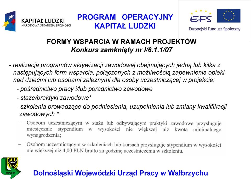 połączonych z możliwością zapewnienia opieki nad dziećmi lub osobami zależnymi dla osoby uczestniczącej w