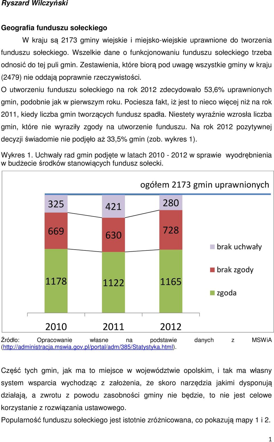 O utworzeniu funduszu sołeckiego na rok 2012 zdecydowało 53,6% uprawnionych gmin, podobnie jak w pierwszym roku.