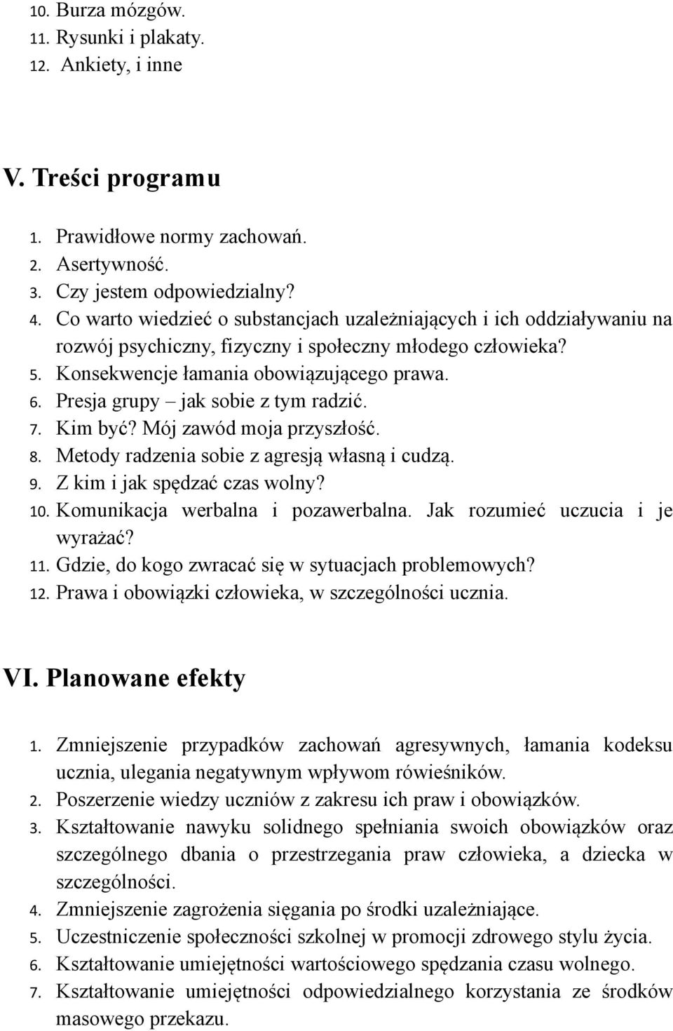 Presja grupy jak sobie z tym radzić. 7. Kim być? Mój zawód moja przyszłość. 8. Metody radzenia sobie z agresją własną i cudzą. 9. Z kim i jak spędzać czas wolny? 10.