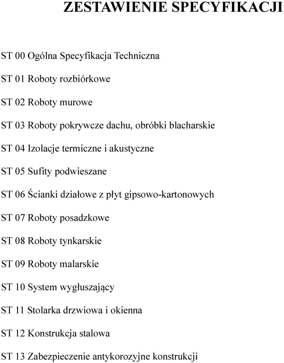 Ścianki działowe z płyt gipsowo-kartonowych ST 07 Roboty posadzkowe ST 08 Roboty tynkarskie ST 09 Roboty malarskie ST