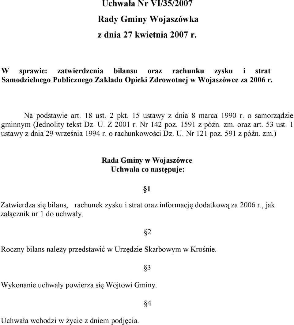 15 ustawy z dnia 8 marca 1990 r. o samorządzie gminnym (Jednolity tekst Dz. U. Z 2001 r. Nr 142 poz. 1591 z późn. zm. oraz art. 53 ust. 1 ustawy z dnia 29 września 1994 r. o rachunkowości Dz. U. Nr 121 poz.