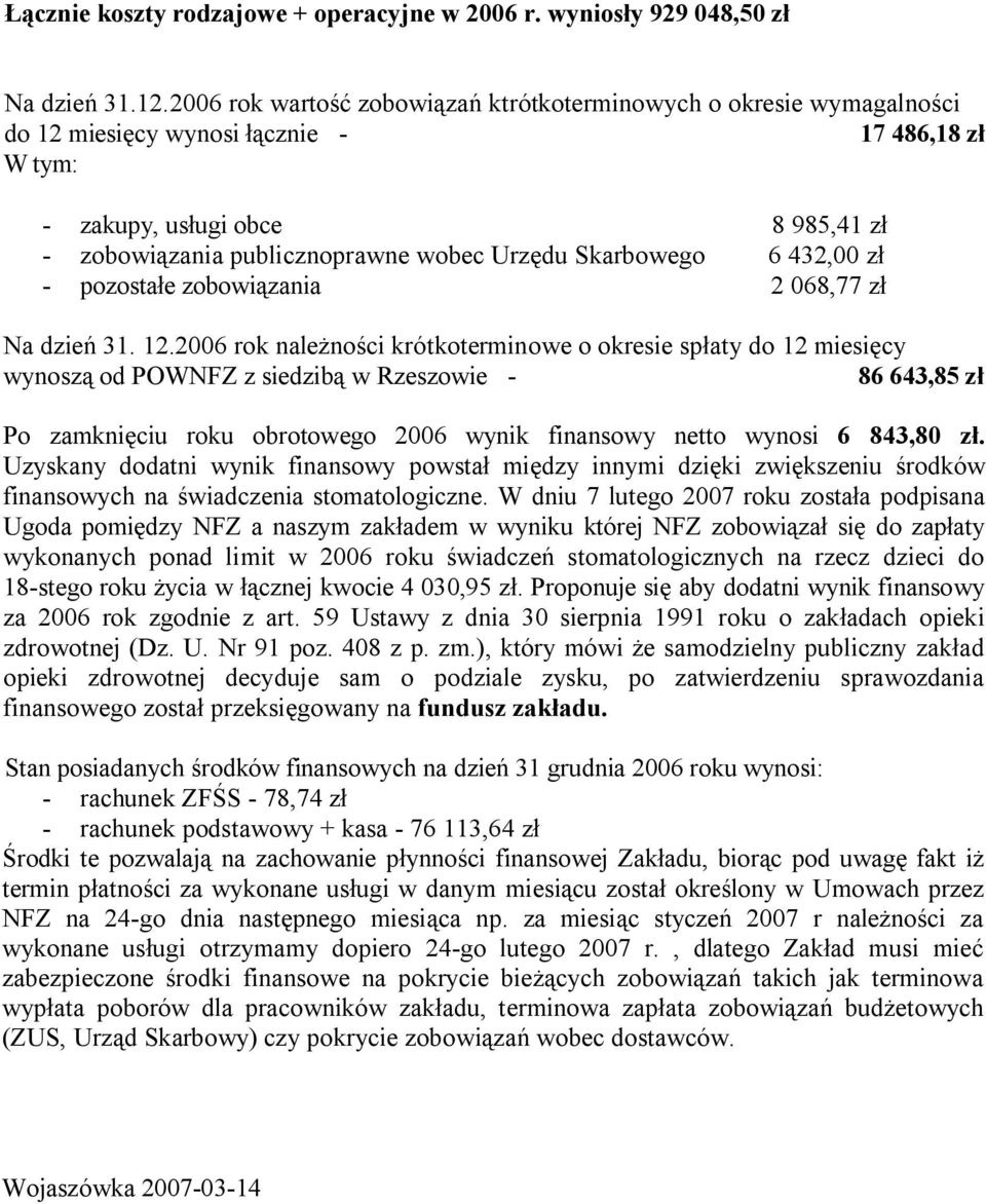 Skarbowego 6 432,00 zł - pozostałe zobowiązania 2 068,77 zł Na dzień 31. 12.