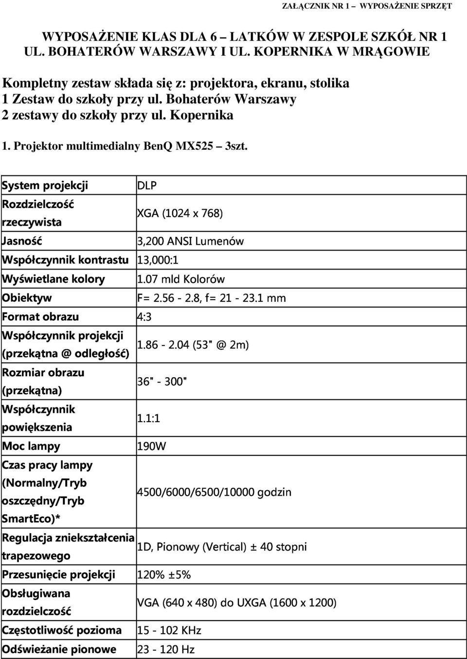 Kopernika rzeczywista projekcji DLP XGA (1024 x 768) 1. Projektor multimedialny BenQ MX525 3szt. Jasność Współczynnik Wyświetlane kolory kontrastu 3,200 13,000:1 1.