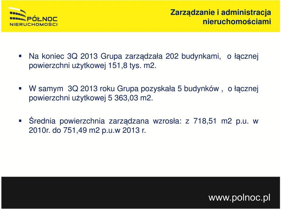 o łącznej W samym 3Q 2013 roku Grupa pozyskała 5 budynków, o łącznej powierzchni