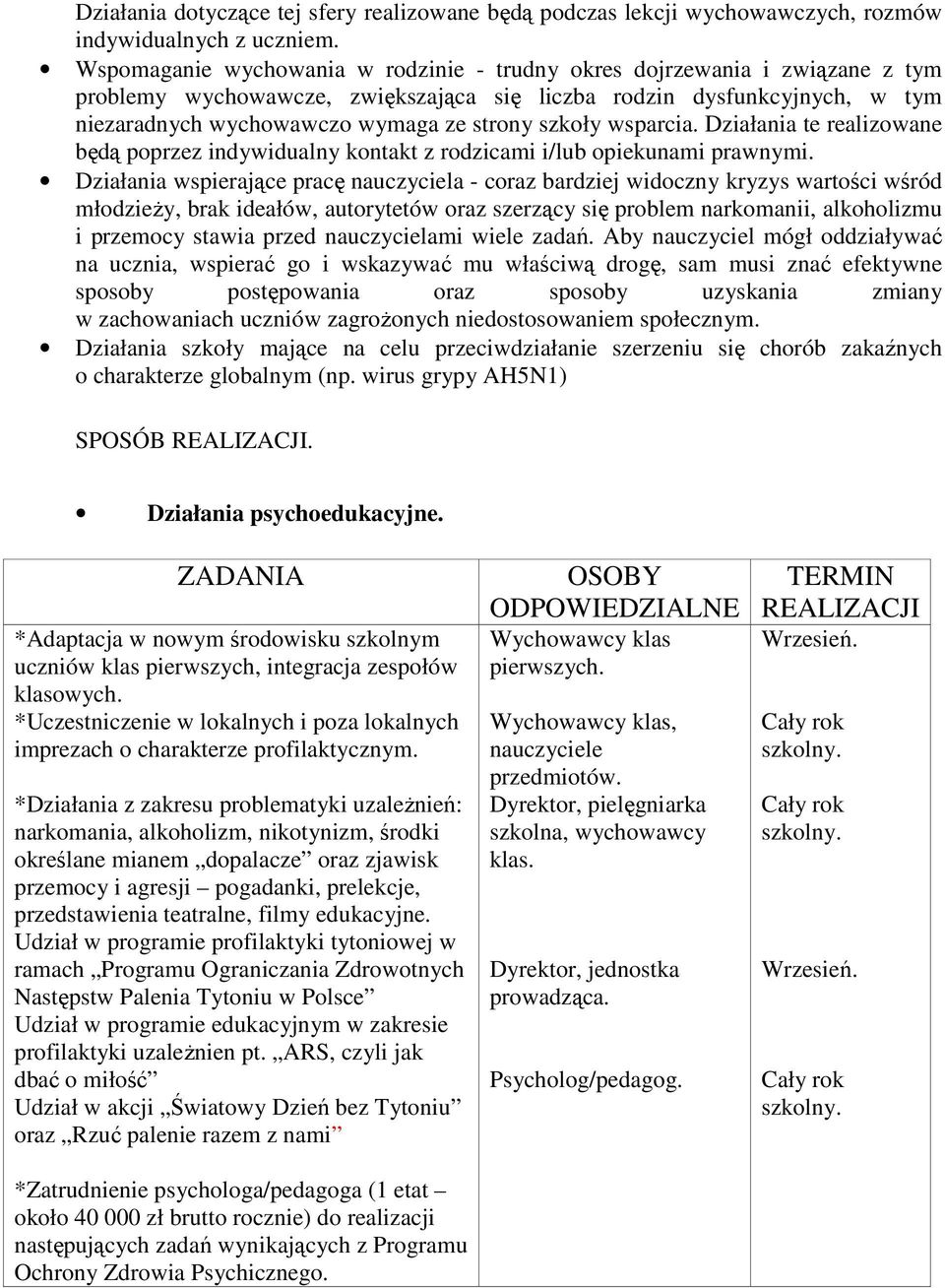 szkoły wsparcia. Działania te realizowane będą poprzez indywidualny kontakt z rodzicami i/lub opiekunami prawnymi.