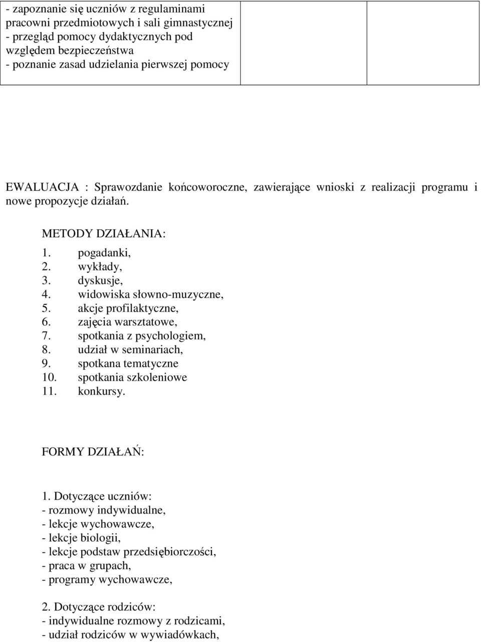 akcje profilaktyczne, 6. zajęcia warsztatowe, 7. spotkania z psychologiem, 8. udział w seminariach, 9. spotkana tematyczne 10. spotkania szkoleniowe 11. konkursy. FORMY DZIAŁAŃ: 1.