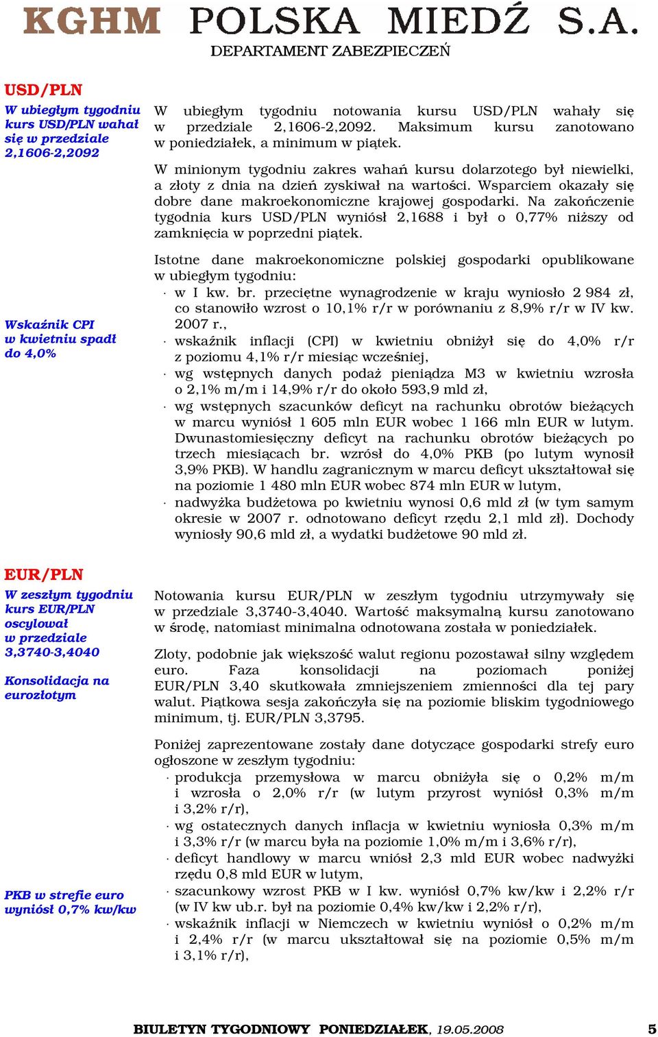 Wsparciem okazały się dobre dane makroekonomiczne krajowej gospodarki. Na zakończenie tygodnia kurs USD/PLN wyniósł 2,1688 i był o 0,77% niższy od zamknięcia w poprzedni piątek.