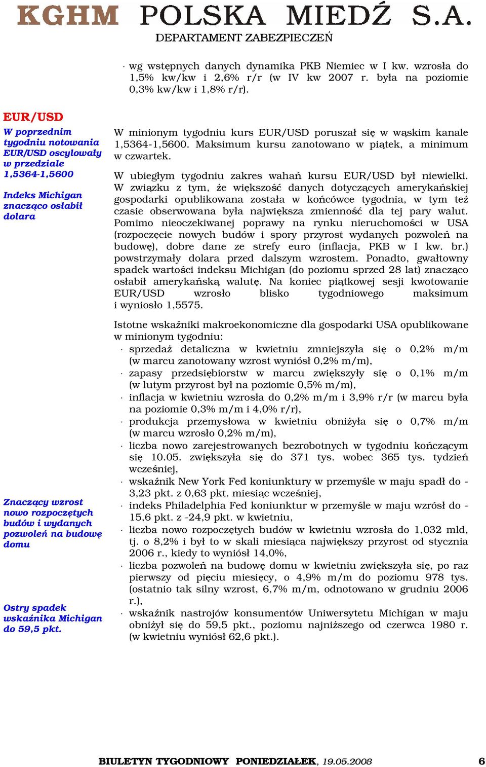 domu Ostry spadek wskaźnika Michigan do 59,5 pkt. W minionym tygodniu kurs EUR/USD poruszał się w wąskim kanale 1,5364-1,5600. Maksimum kursu zanotowano w piątek, a minimum w czwartek.