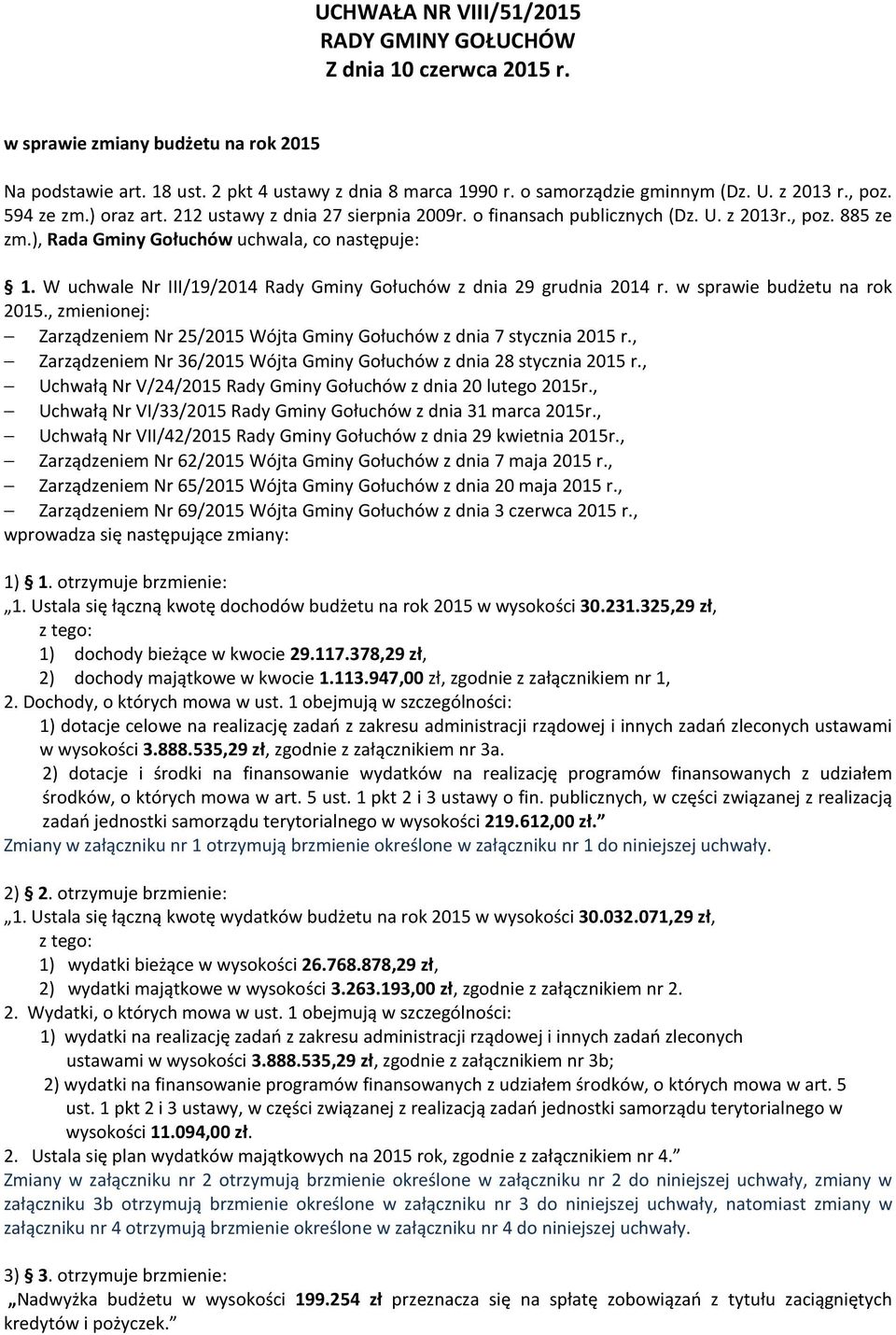 W uchwale Nr III/19/2014 Rady Gminy Gołuchów z dnia 29 grudnia 2014 r. w sprawie budżetu na rok 2015., zmienionej: Zarządzeniem Nr 25/2015 Wójta Gminy Gołuchów z dnia 7 stycznia 2015 r.