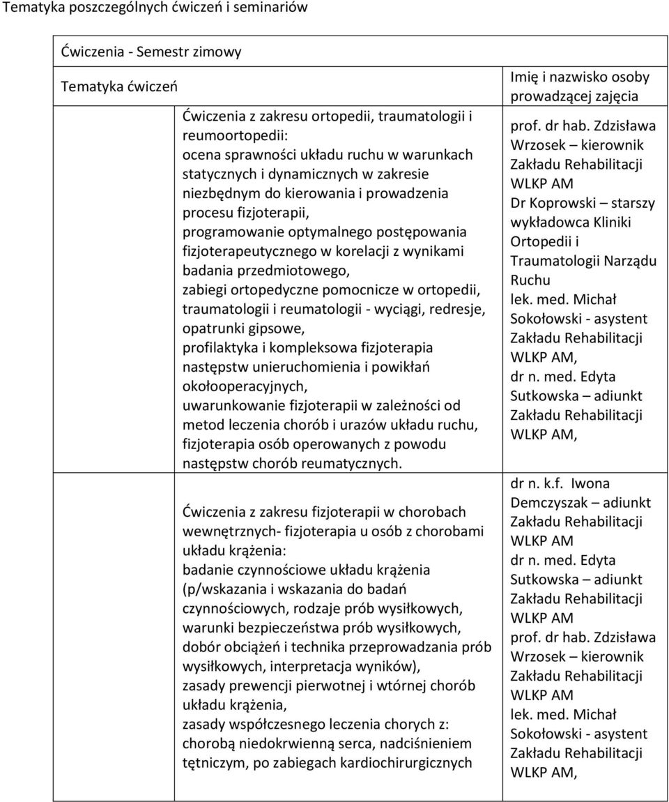 przedmiotowego, zabiegi ortopedyczne pomocnicze w ortopedii, traumatologii i reumatologii - wyciągi, redresje, opatrunki gipsowe, profilaktyka i kompleksowa fizjoterapia następstw unieruchomienia i