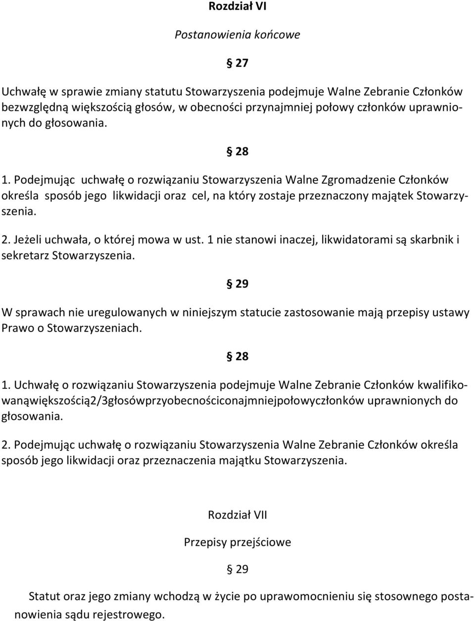 Podejmując uchwałę o rozwiązaniu Stowarzyszenia Walne Zgromadzenie Członków określa sposób jego likwidacji oraz cel, na który zostaje przeznaczony majątek Stowarzyszenia. 2.