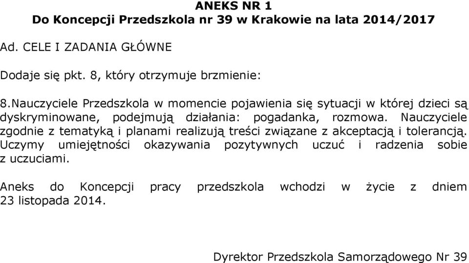 Nauczyciele Przedszkola w momencie pojawienia się sytuacji w której dzieci są dyskryminowane, podejmują działania: pogadanka, rozmowa.