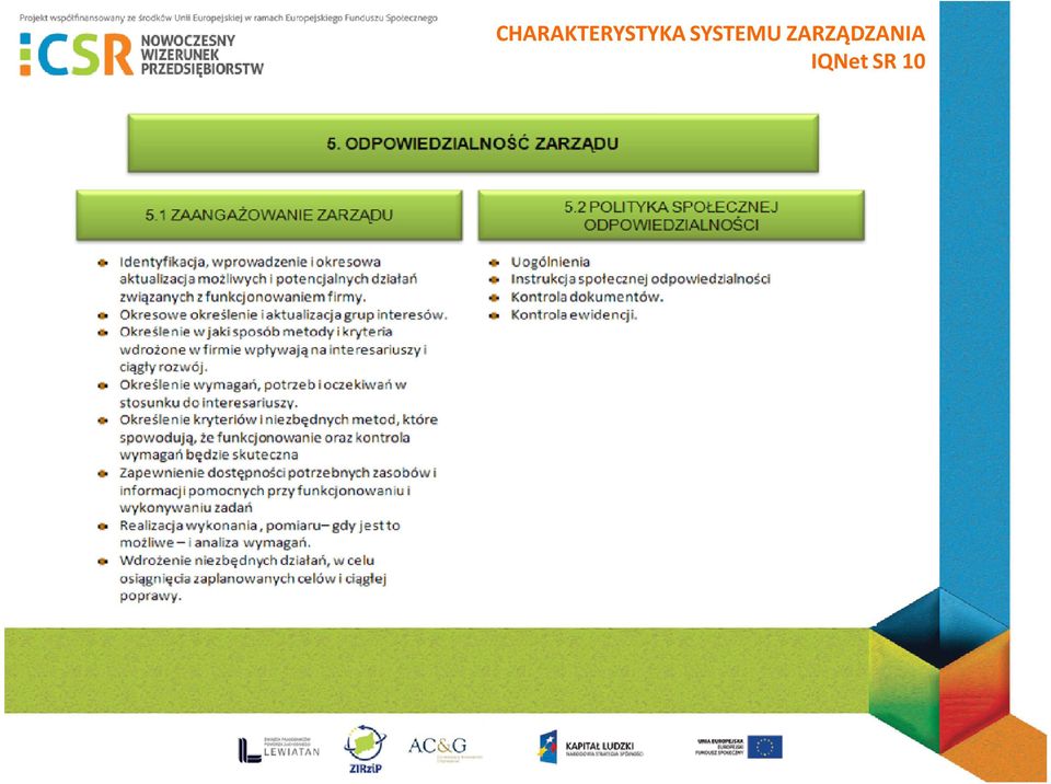 Określenie w jaki sposób metody i kryteria wdrożone w firmie wpływają na interesariuszy i ciągły rozwój. Określenie wymagań, potrzeb i oczekiwań w stosunku do interesariuszy.