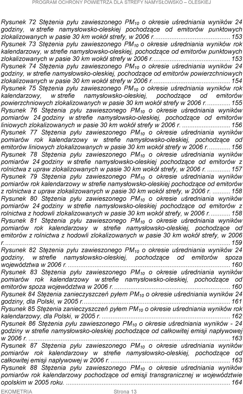 ... 153 Rysunek 73 Stężenia pyłu zawieszonego PM 10 o okresie uśredniania wyników rok kalendarzowy, w strefie namysłowsko-oleskiej, pochodzące od emitorów punktowych zlokalizowanych w pasie 30 km