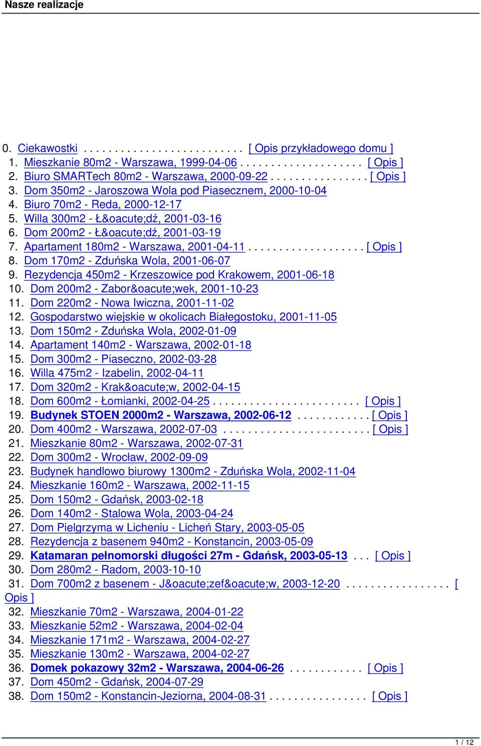 .................. [ Opis ] 8. Dom 170m2 - Zduńska Wola, 2001-06-07 9. Rezydencja 450m2 - Krzeszowice pod Krakowem, 2001-06-18 10. Dom 200m2 - Zaborówek, 2001-10-23 11.