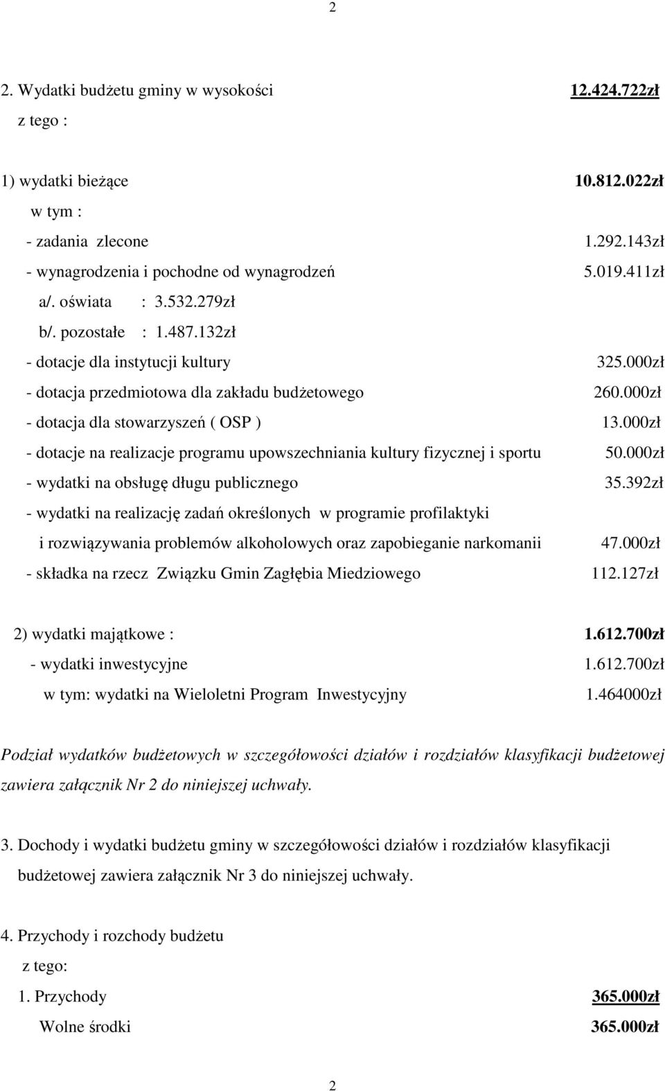 000zł - dotacje na realizacje programu upowszechniania kultury fizycznej i sportu 50.000zł - wydatki na obsługę długu publicznego 35.