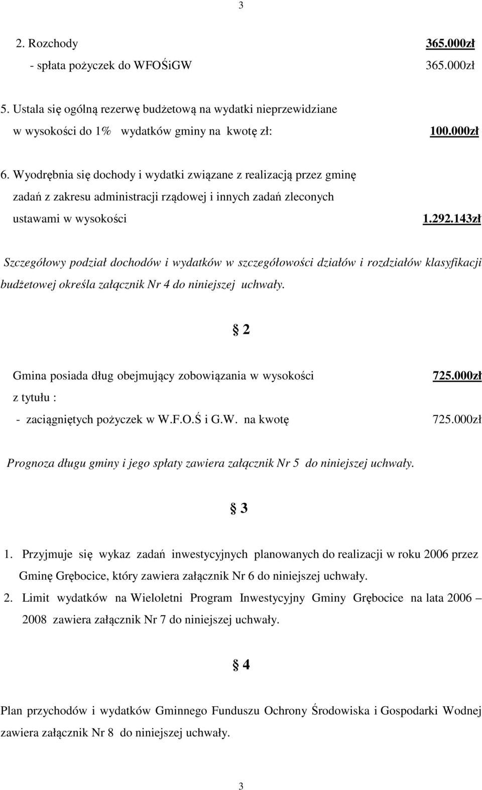 143zł Szczegółowy podział dochodów i wydatków w szczegółowości działów i rozdziałów klasyfikacji budżetowej określa załącznik Nr 4 do niniejszej uchwały.