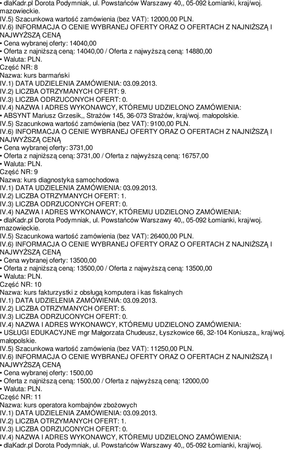 ABSYNT Mariusz Grzesik,, Strażów 145, 36-073 Strażów, kraj/woj. IV.5) Szacunkowa wartość zamówienia (bez VAT): 9100,00 PLN.