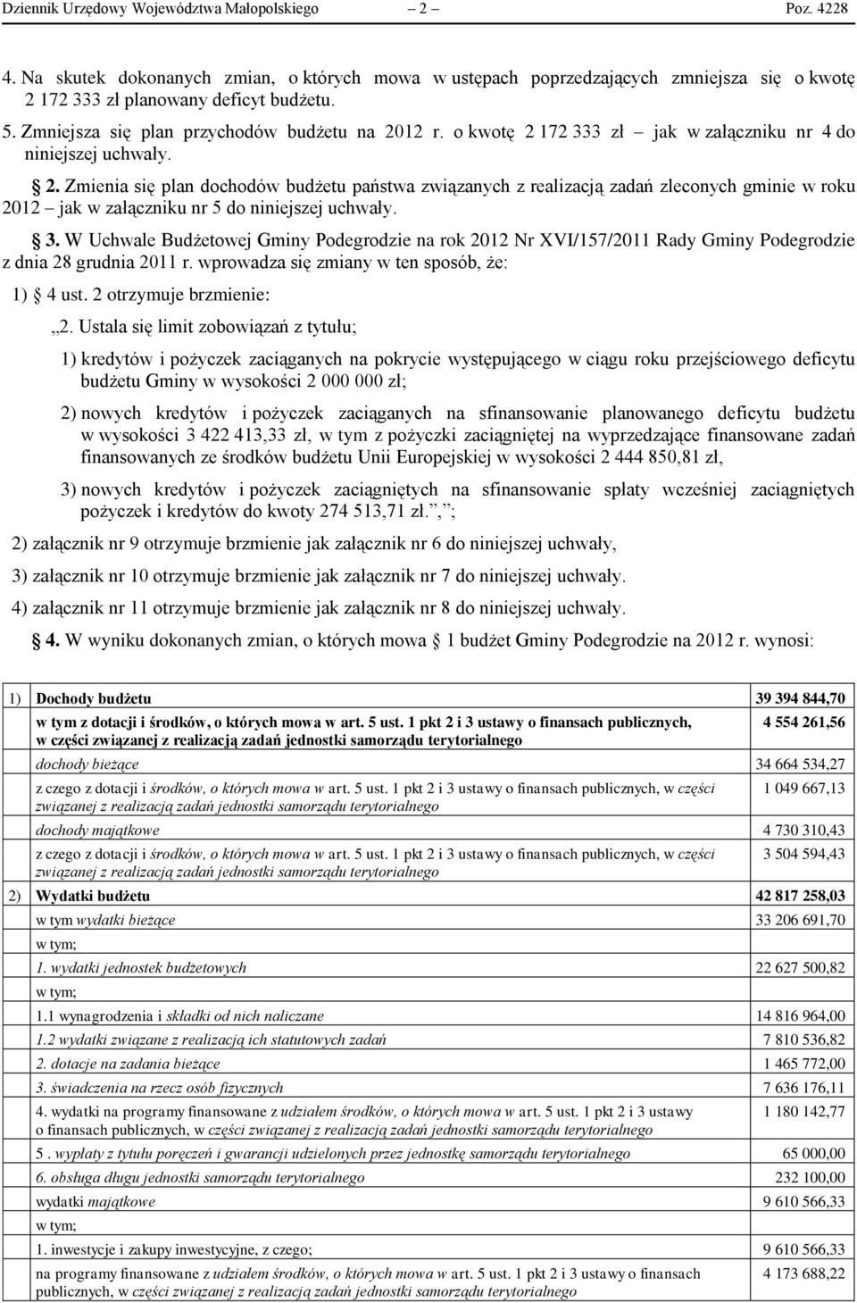 3. W Uchwale Budżetowej Gminy na rok 2012 Nr XVI/157/2011 Rady Gminy z dnia 28 grudnia 2011 r. wprowadza się zmiany w ten sposób, że: 1) 4 ust. 2 otrzymuje brzmienie: 2.