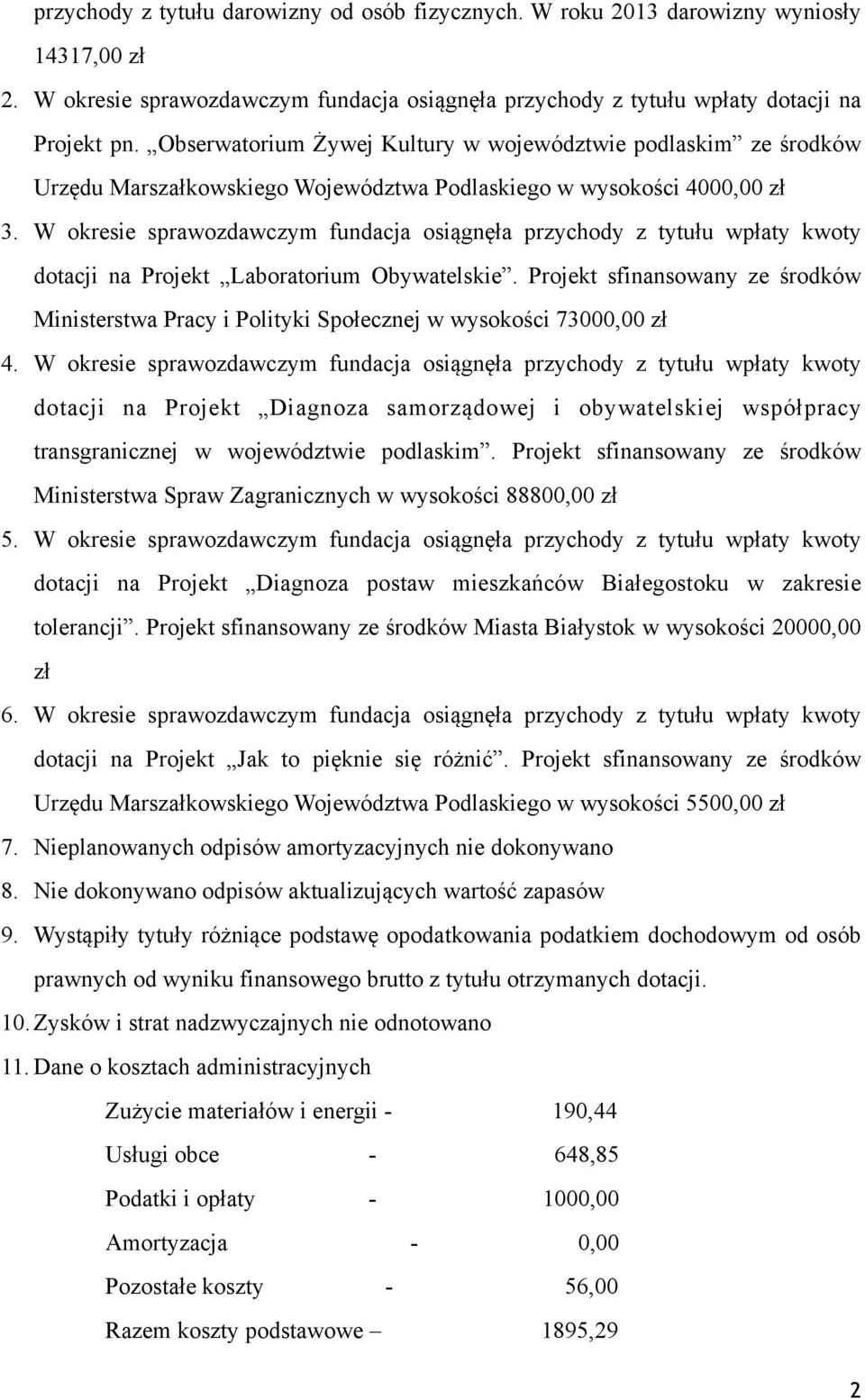 W okresie sprawozdawczym fundacja osiągnęła przychody z tytułu wpłaty kwoty dotacji na Projekt Laboratorium Obywatelskie.