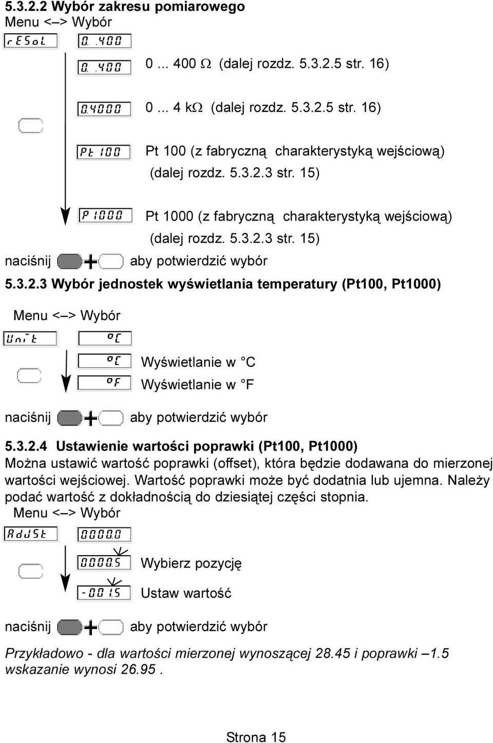 3 str. 15) 5.3.2.3 Wybór jednostek wyœwietlania temperatury (Pt100, Pt1000) Wyœwietlanie w C Wyœwietlanie w F 5.3.2.4 Ustawienie wartoœci poprawki (Pt100, Pt1000) Mo na ustawiæ wartoœæ poprawki (offset), która bêdzie dodawana do mierzonej wartoœci wejœciowej.