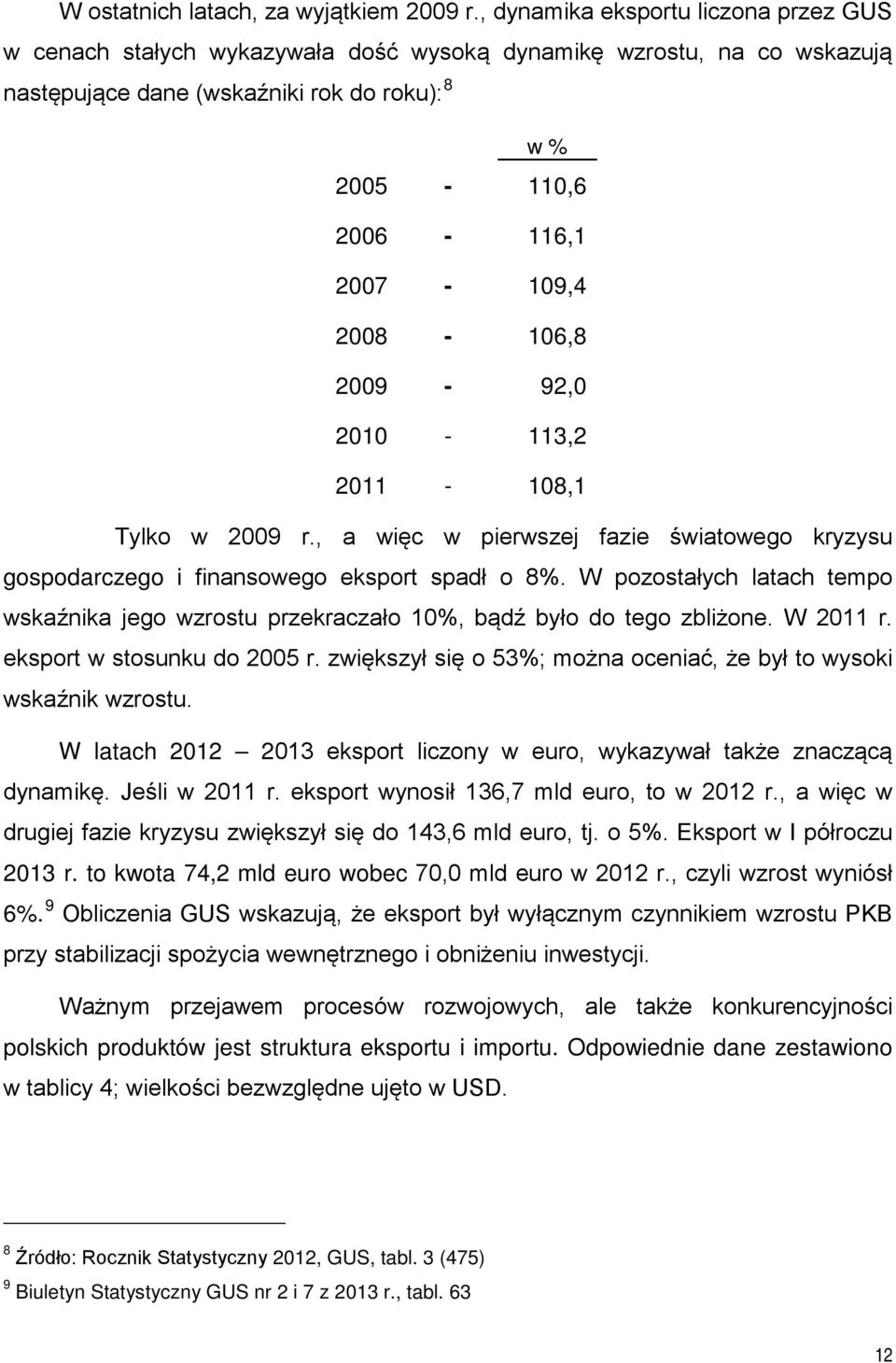 2008-106,8 2009-92,0 2010-113,2 2011-108,1 Tylko w 2009 r., a więc w pierwszej fazie światowego kryzysu gospodarczego i finansowego eksport spadł o 8%.