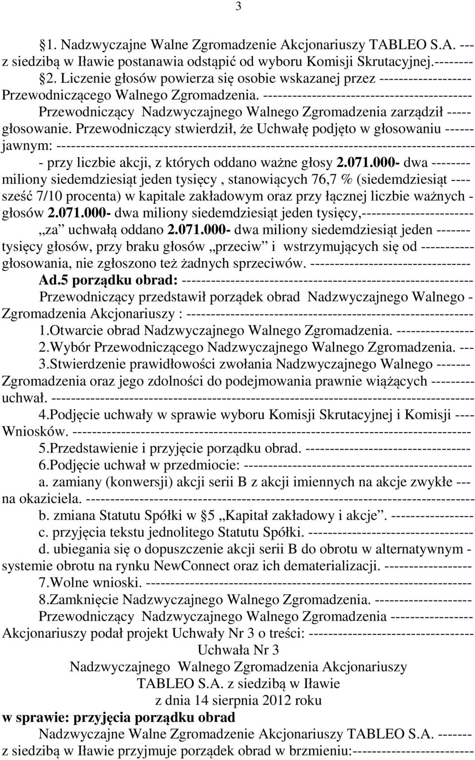 ------------------------------------------- Przewodniczący Nadzwyczajnego Walnego Zgromadzenia zarządził ----- głosowanie.