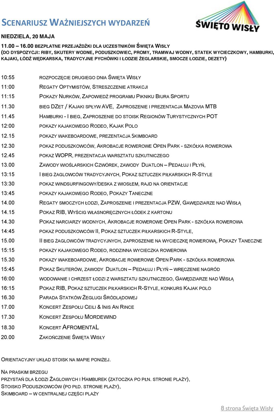 PYCHÓWKI I ŁODZIE ŻEGLARSKIE, SMOCZE ŁODZIE, DEZETY) 10:55 ROZPOCZĘCIE DRUGIEGO DNIA ŚWIĘTA WISŁY 11:00 REGATY OPTYMISTÓW, STRESZCZENIE ATRAKCJI 11:15 POKAZY NURKÓW, ZAPOWIEDŹ PROGRAMU PIKNIKU BIURA
