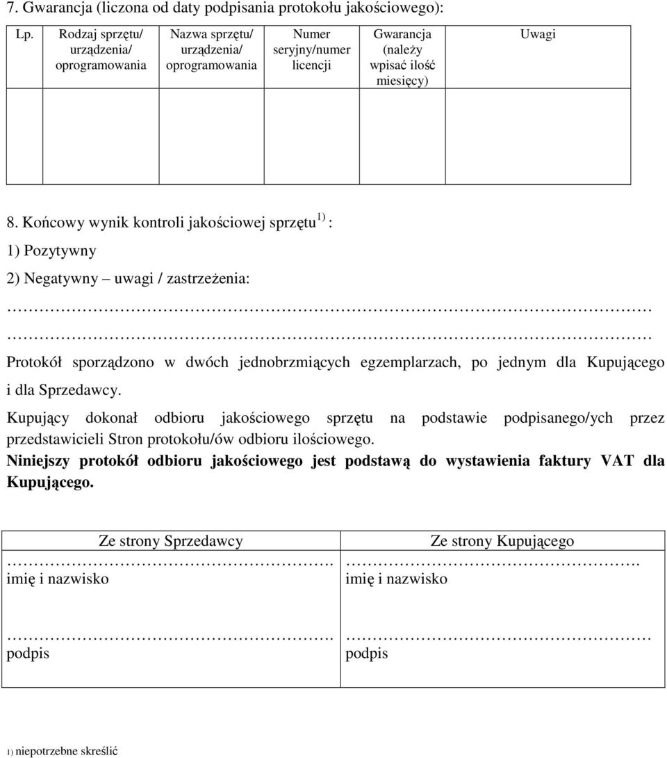 Końcowy wynik kontroli jakościowej sprzętu 1) : 1) Pozytywny 2) Negatywny uwagi / zastrzeŝenia: Protokół sporządzono w dwóch jednobrzmiących egzemplarzach, po jednym dla