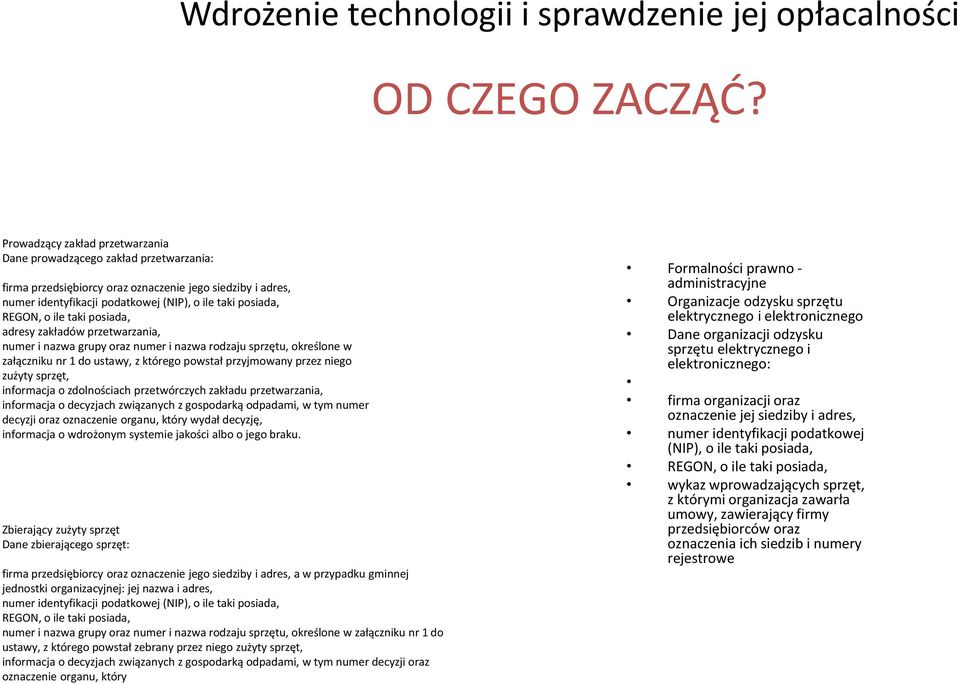 ile taki posiada, adresy zakładów przetwarzania, numer i nazwa grupy oraz numer i nazwa rodzaju sprzętu, określone w załączniku nr 1 do ustawy, z którego powstał przyjmowany przez niego zużyty