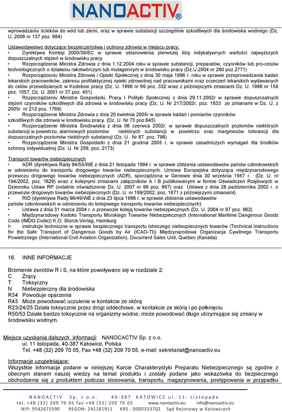 stężeń w środowisku pracy Rozporządzenie Ministra Zdrowia z dnia 1.12.
