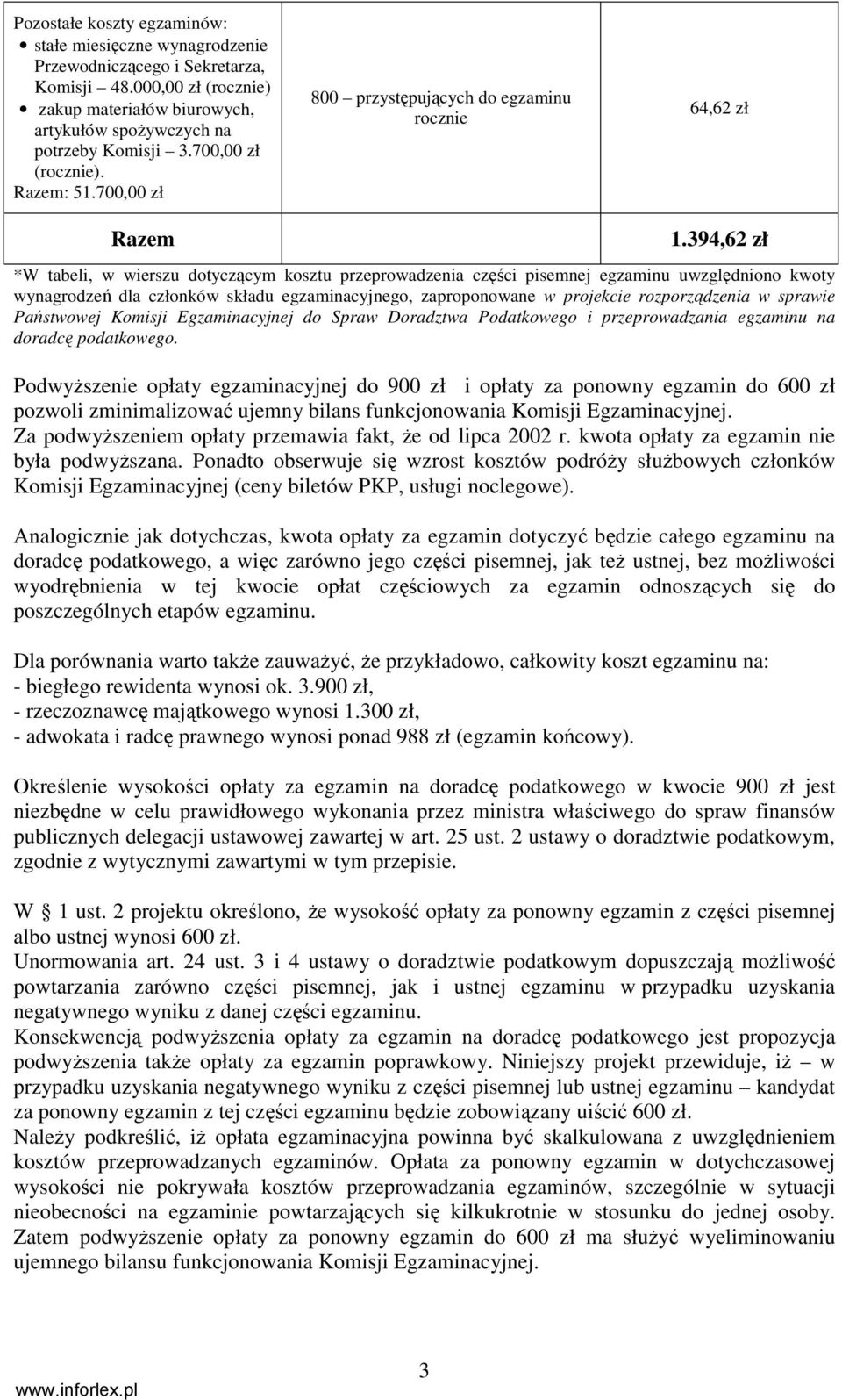 394,62 zł *W tabeli, w wierszu dotyczącym kosztu przeprowadzenia części pisemnej egzaminu uwzględniono kwoty wynagrodzeń dla członków składu egzaminacyjnego, zaproponowane w projekcie rozporządzenia