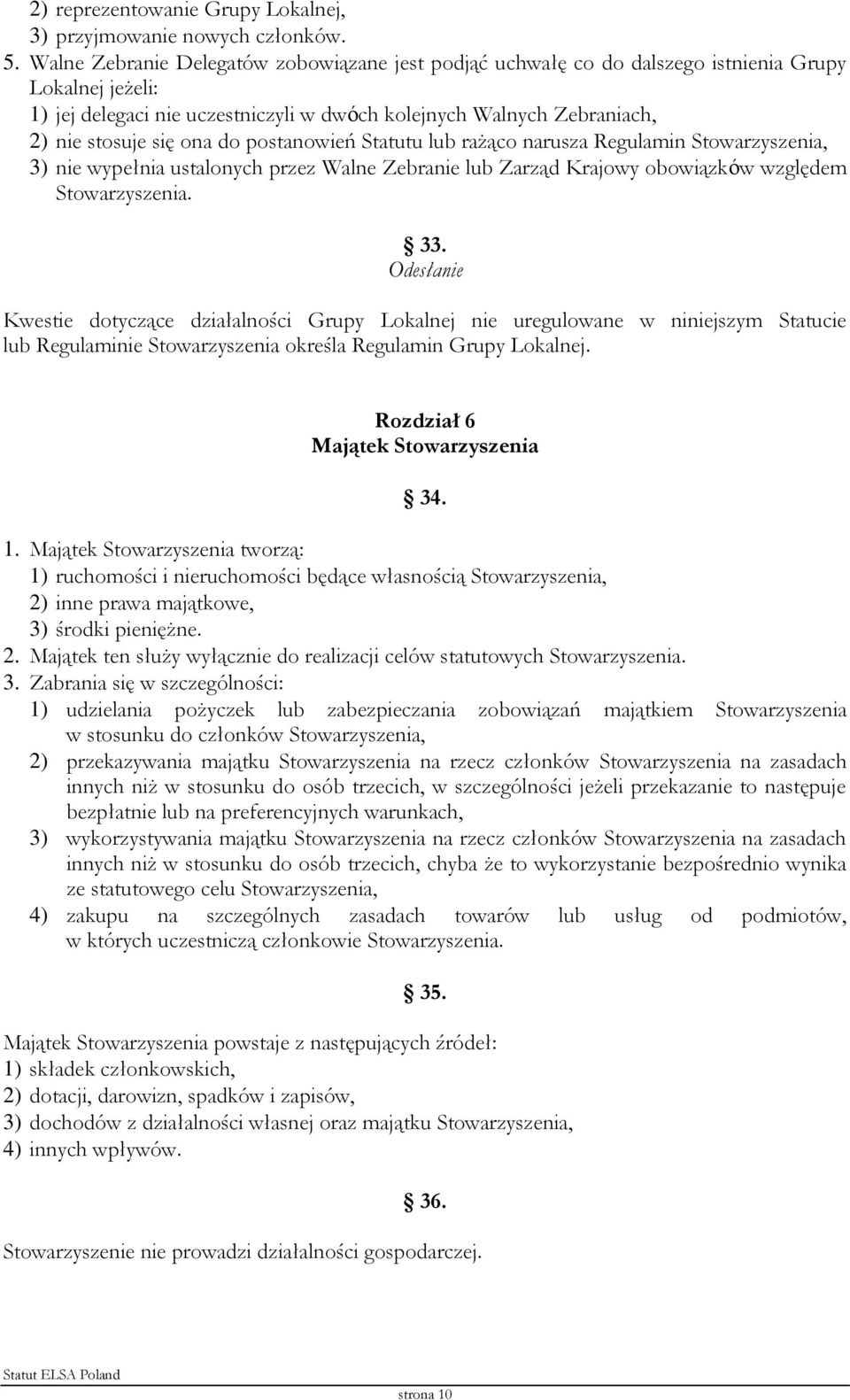 do postanowień Statutu lub rażąco narusza Regulamin Stowarzyszenia, 3) nie wypełnia ustalonych przez Walne Zebranie lub Zarząd Krajowy obowiązków względem Stowarzyszenia. 33.