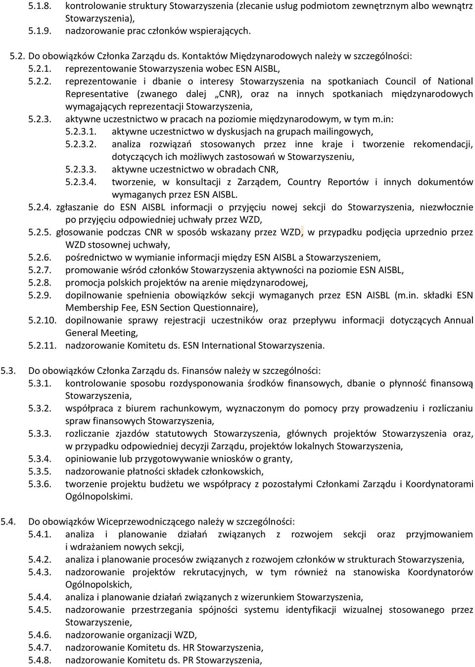 1. reprezentowanie Stowarzyszenia wobec ESN AISBL, 5.2.