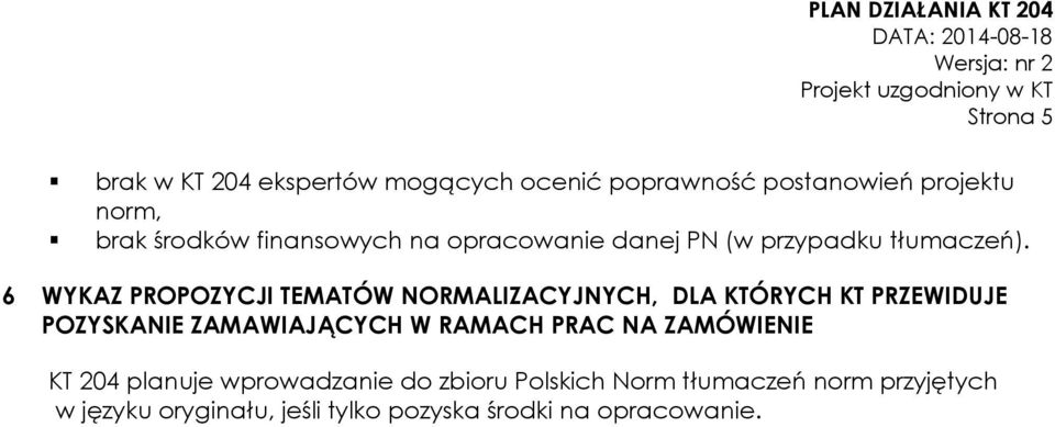 6 WYKAZ PROPOZYCJI TEMATÓW NORMALIZACYJNYCH, DLA KTÓRYCH KT PRZEWIDUJE POZYSKANIE ZAMAWIAJĄCYCH W RAMACH