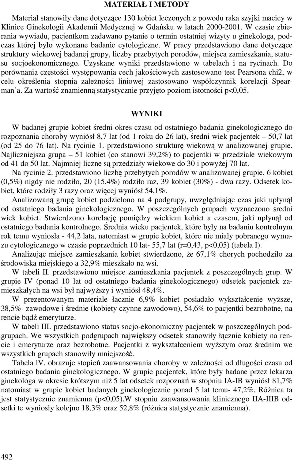 W pracy przedstawiono dane dotyczące struktury wiekowej badanej grupy, liczby przebytych porodów, miejsca zamieszkania, statusu socjoekonomicznego.