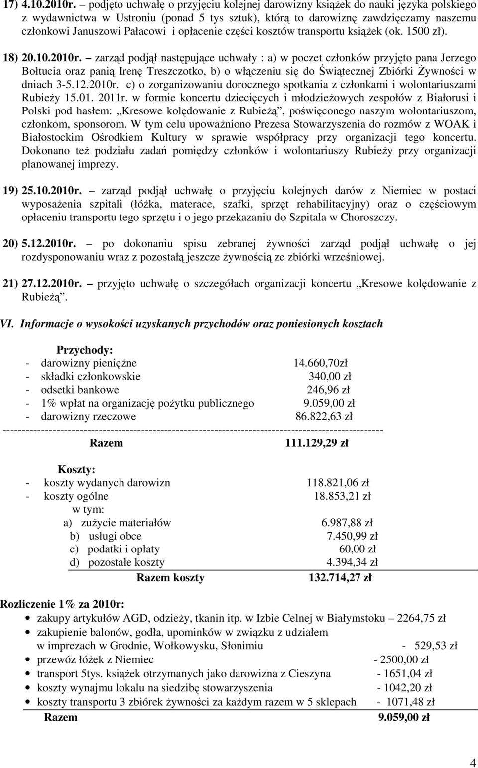 opłacenie części kosztów transportu książek (ok. 1500 zł). 18) 20.10.2010r.